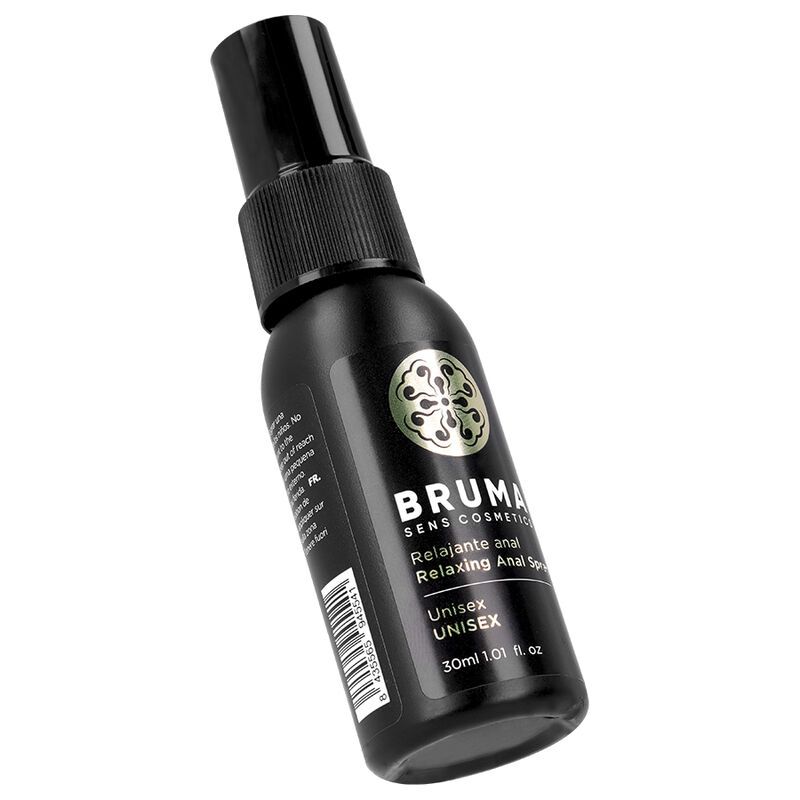Schwarze Sprühflasche mit Produktlogo und Text. Text: "Relaxing Anal Spray", "Unisex". Schrägansicht.