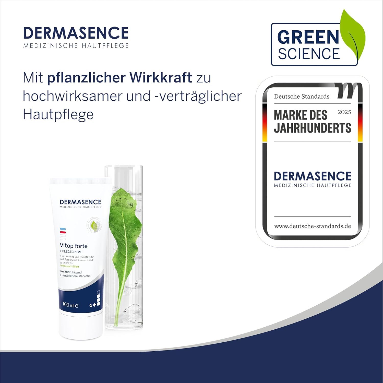 DERMASENCE Vitop forte Pflegecreme Tube und Flasche mit Blatt. Logo, Text: Marke des Jahrhunderts, Green Science.