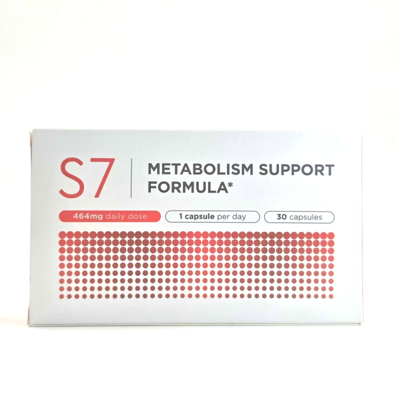 Schachtel mit S7 Metabolism Support Formula. Rote und weiße Verpackung. Text: 464mg Tagesdosis, 1 Kapsel pro Tag, 30 Kapseln.
