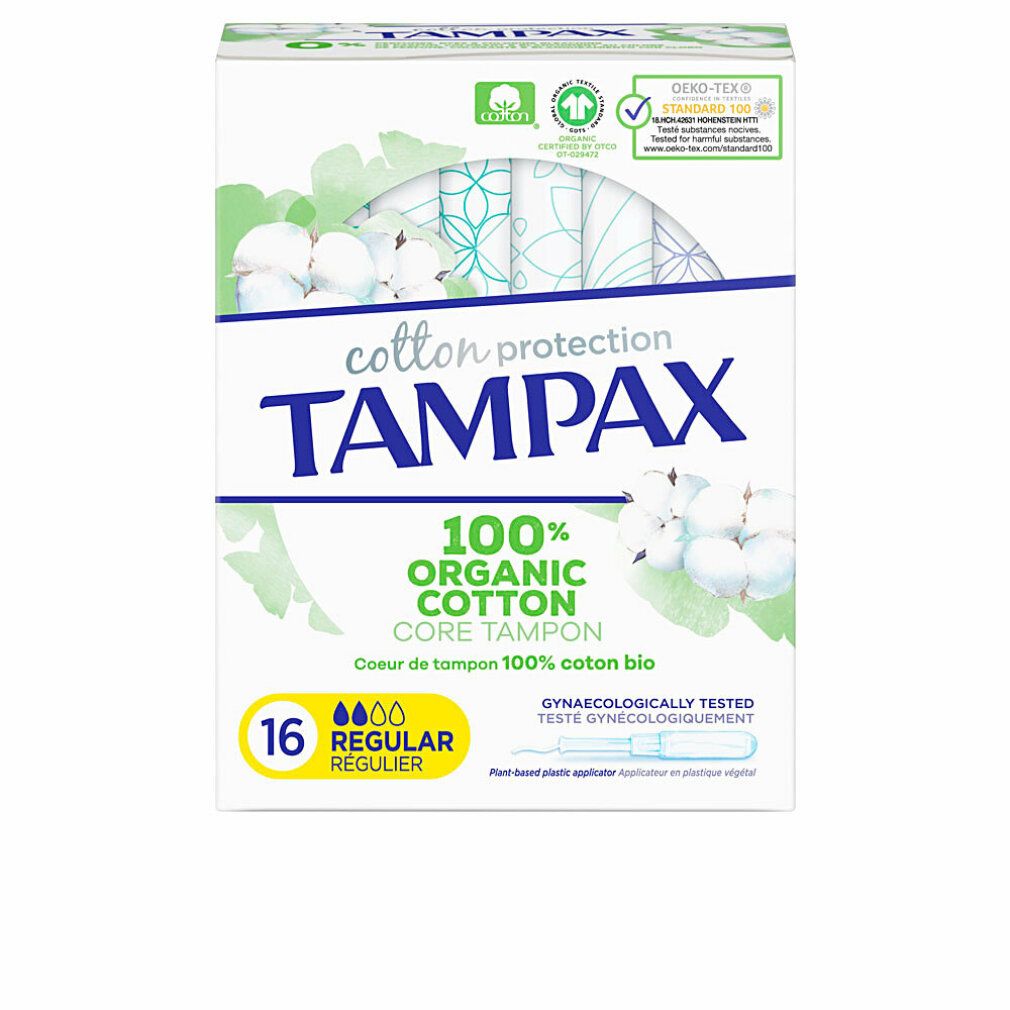Verpackung mit 16 Tampax Organic Regular Tampons. 100% Bio-Baumwolle. Gynäkologisch getestet. Mit Applikator.