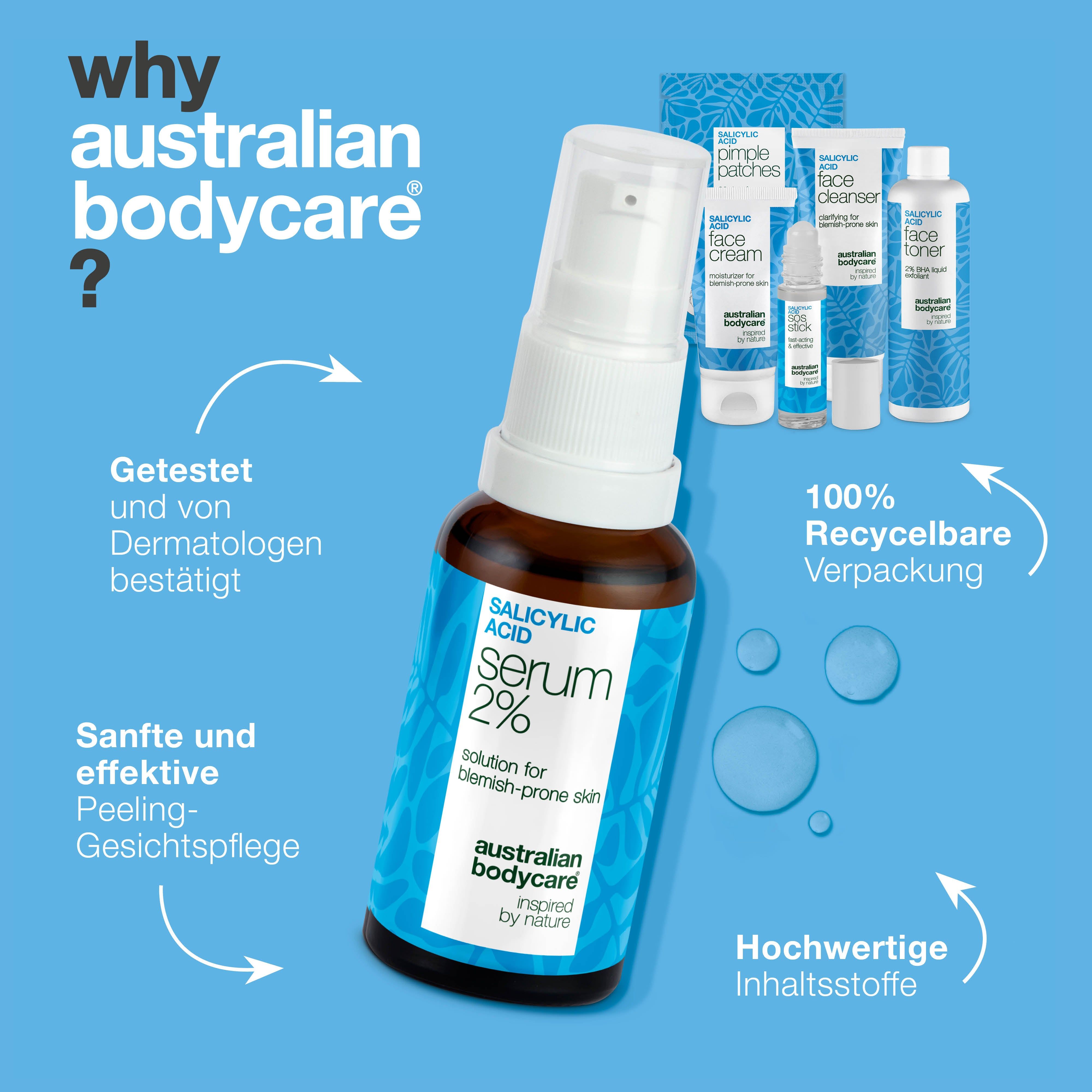 Serum-Flasche und weitere Produkte. Text: 'Salicylic Acid Serum 2%'. Verpackung 100% recycelbar.