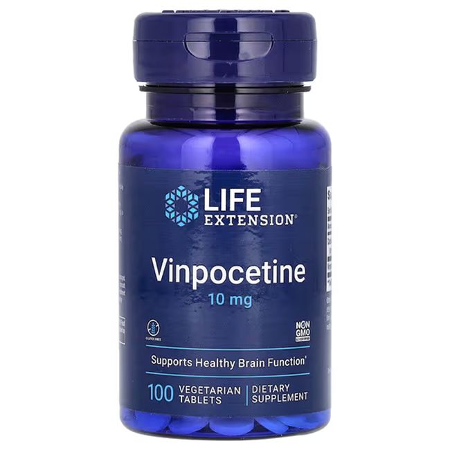 Blaue Flasche mit weißen Tabletten. Rückseite mit Nährwertangaben. Enthält Vinpocetin 10 mg pro Tablette.