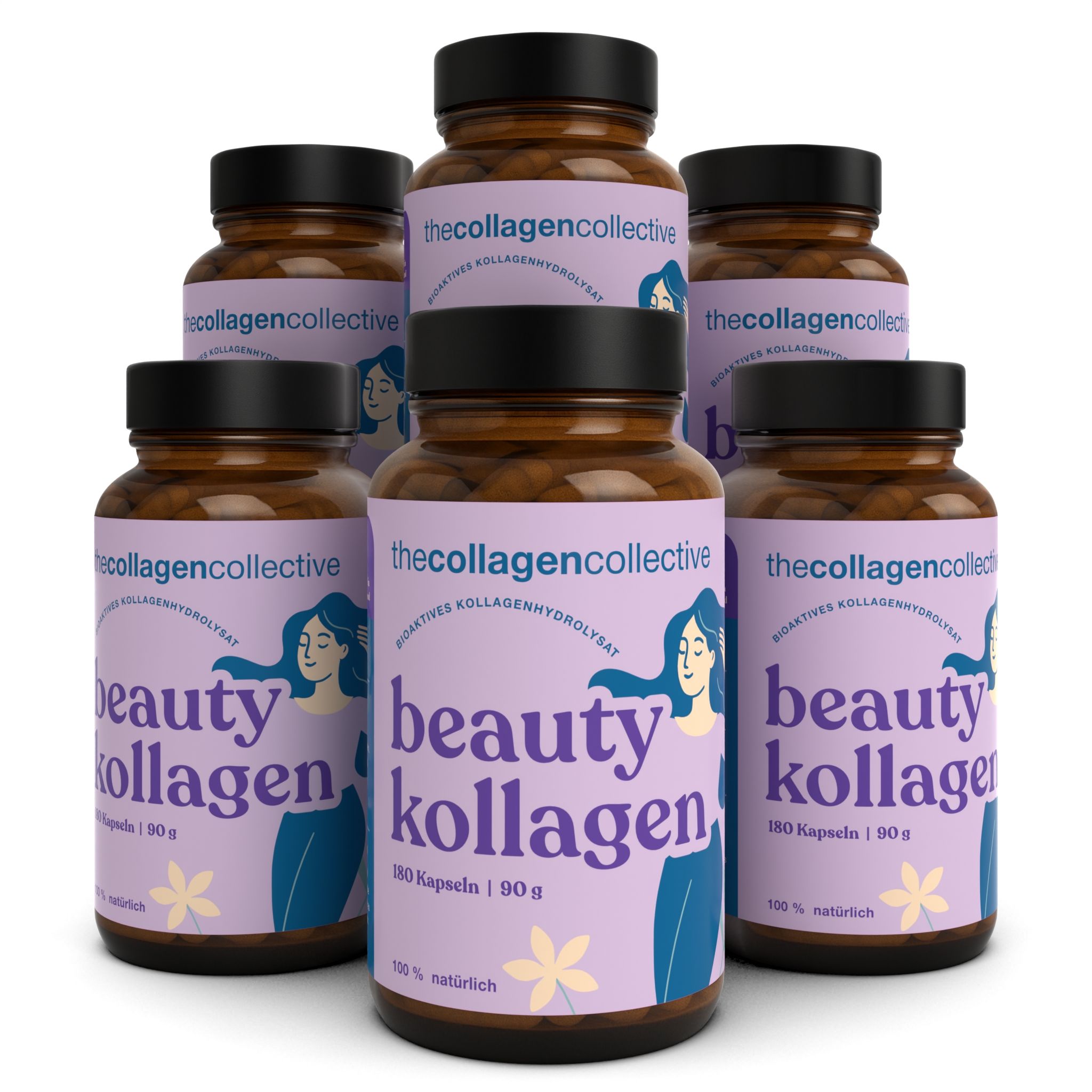 Sechs Flaschen Beauty Kollagen Kapseln. Braune Gläser mit schwarzen Deckeln. Aufschrift: Beauty Kollagen, 180 Kapseln, 90 g.