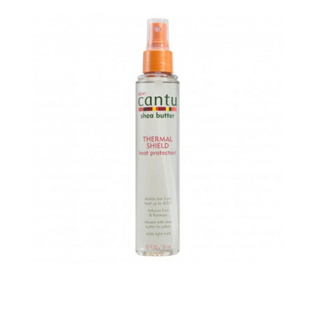 Cantu Thermal Shield Sprayflasche. Aufschrift: "Thermal Shield Heat Protectant". Orangefarbener Sprühkopf. Transparente Flüssigkeit.