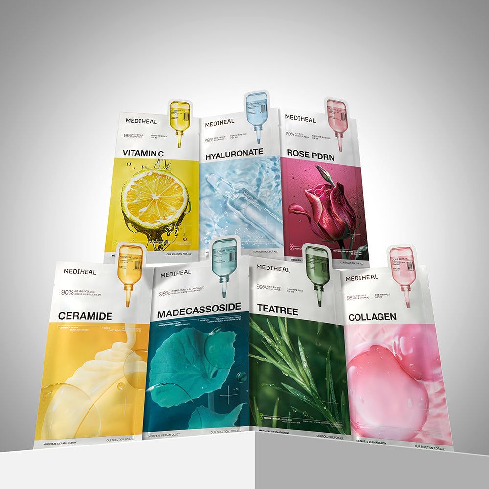 Mehrere MEDIHEAL Tuchmasken. Verschiedene Designs mit Inhaltsstoffnamen. Tropfflaschen-Design.
