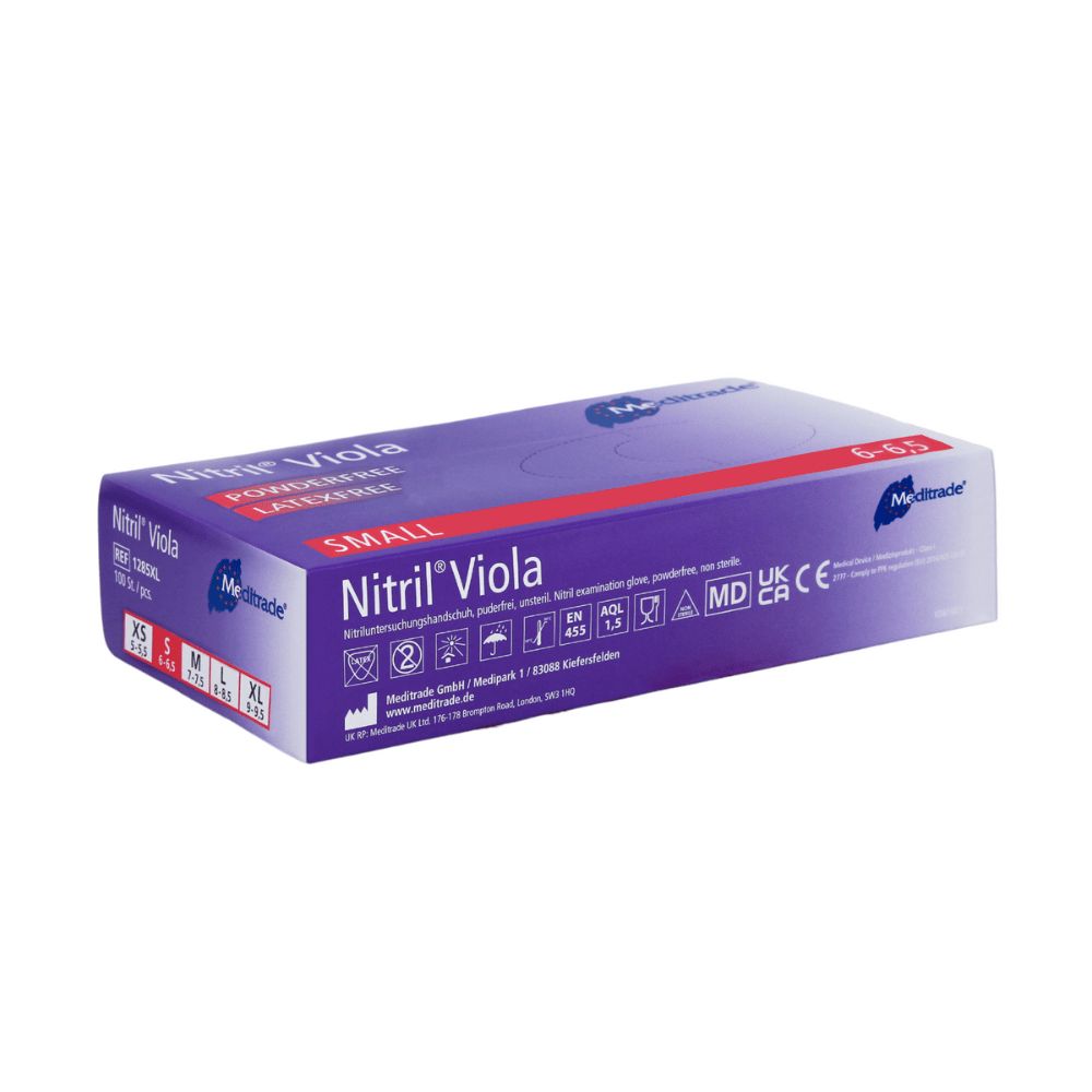 Meditrade Nitril® Viola Einweghandschuhe, puderfrei, lila, Größe S. Karton mit Produktinformationen und Zertifizierungszeichen.