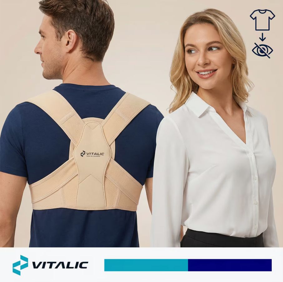 Mann und Frau mit Haltungskorrektor. Beige. VITALIC Logo. Text: „Erstellt Bewegung“. T-Shirt-Symbol.