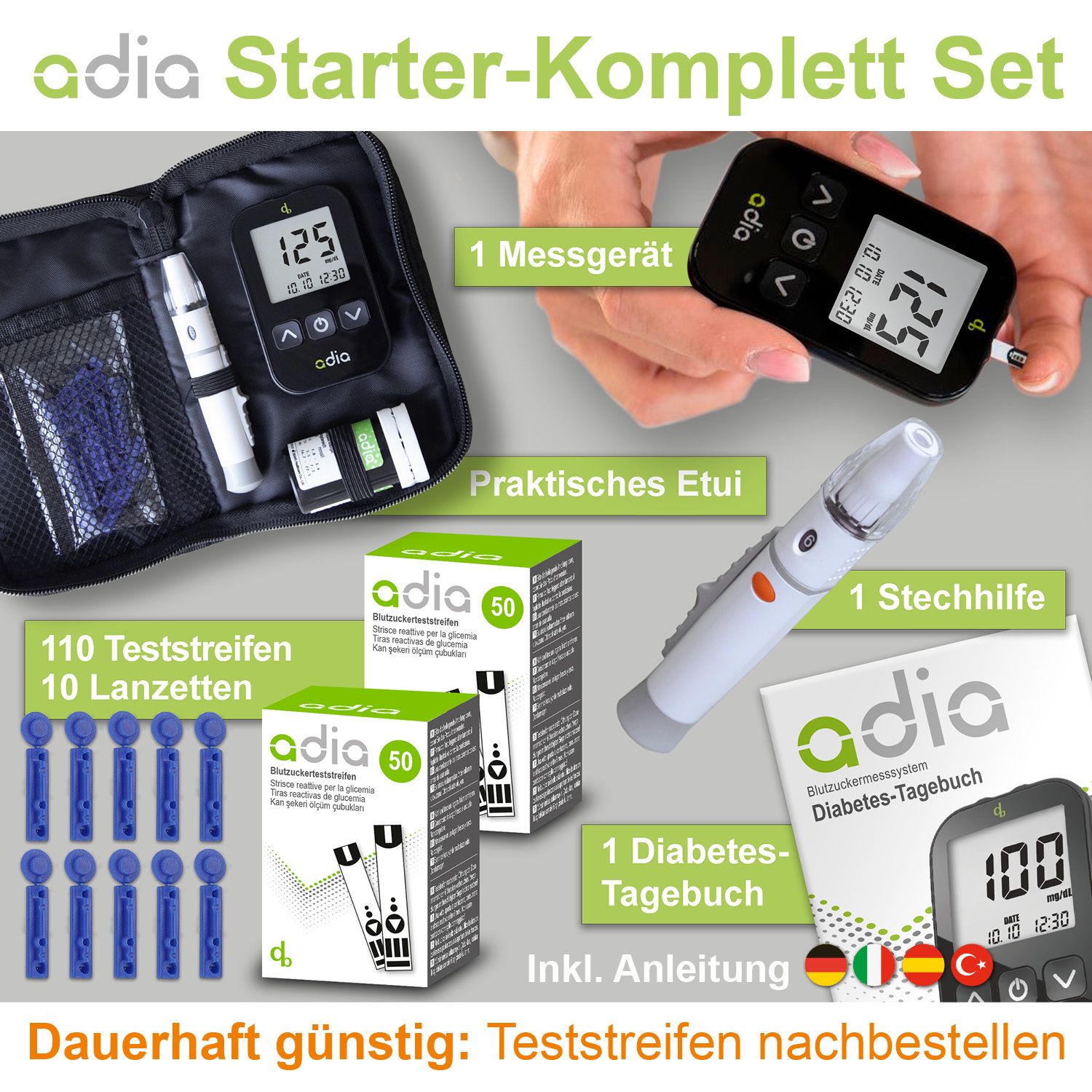 adia Diabetes-Set: Blutzuckermessgerät (mg/dl) mit 110 Blutzuckerteststreifen