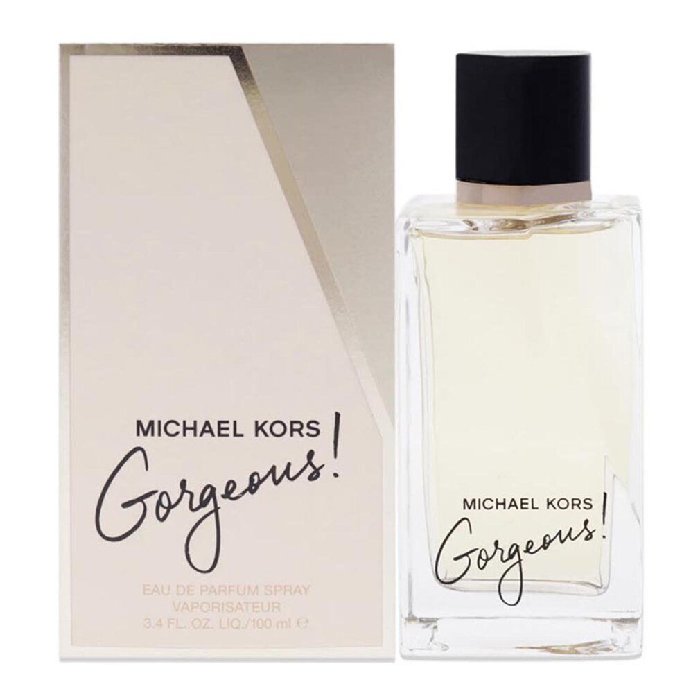 Michael Kors Gorgeous Eau de Parfum Flakon mit schwarzem Verschluss und goldenem Ring.
