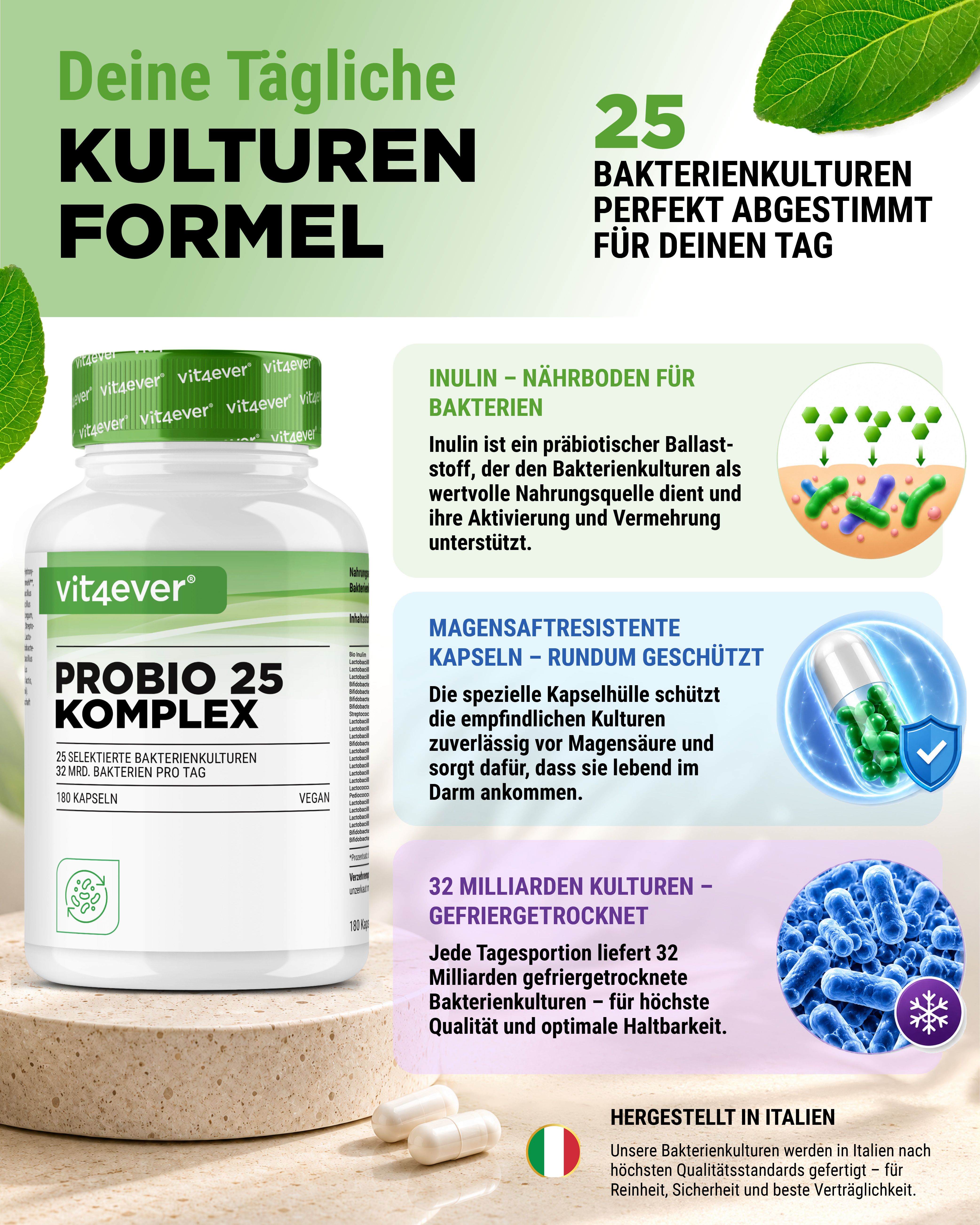 Vit4ever Probio 25 Komplex: 25 Kulturen, 32 Mrd. Bakterien pro Tag, magensaftresistente Kapseln, hergestellt in Italien.