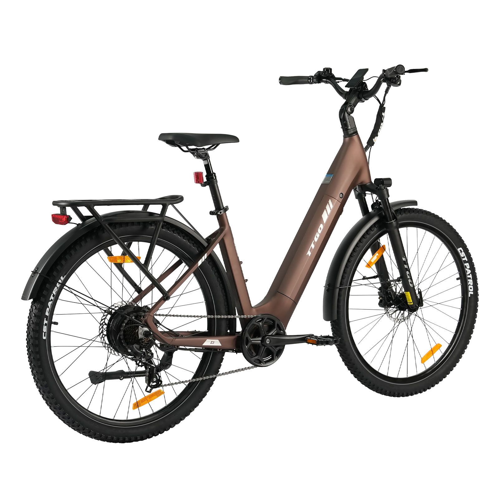 Braunes Elektrofahrrad mit schwarzen Reifen, Schutzblechen und Gepäckträger. Hydraulische Scheibenbremsen.