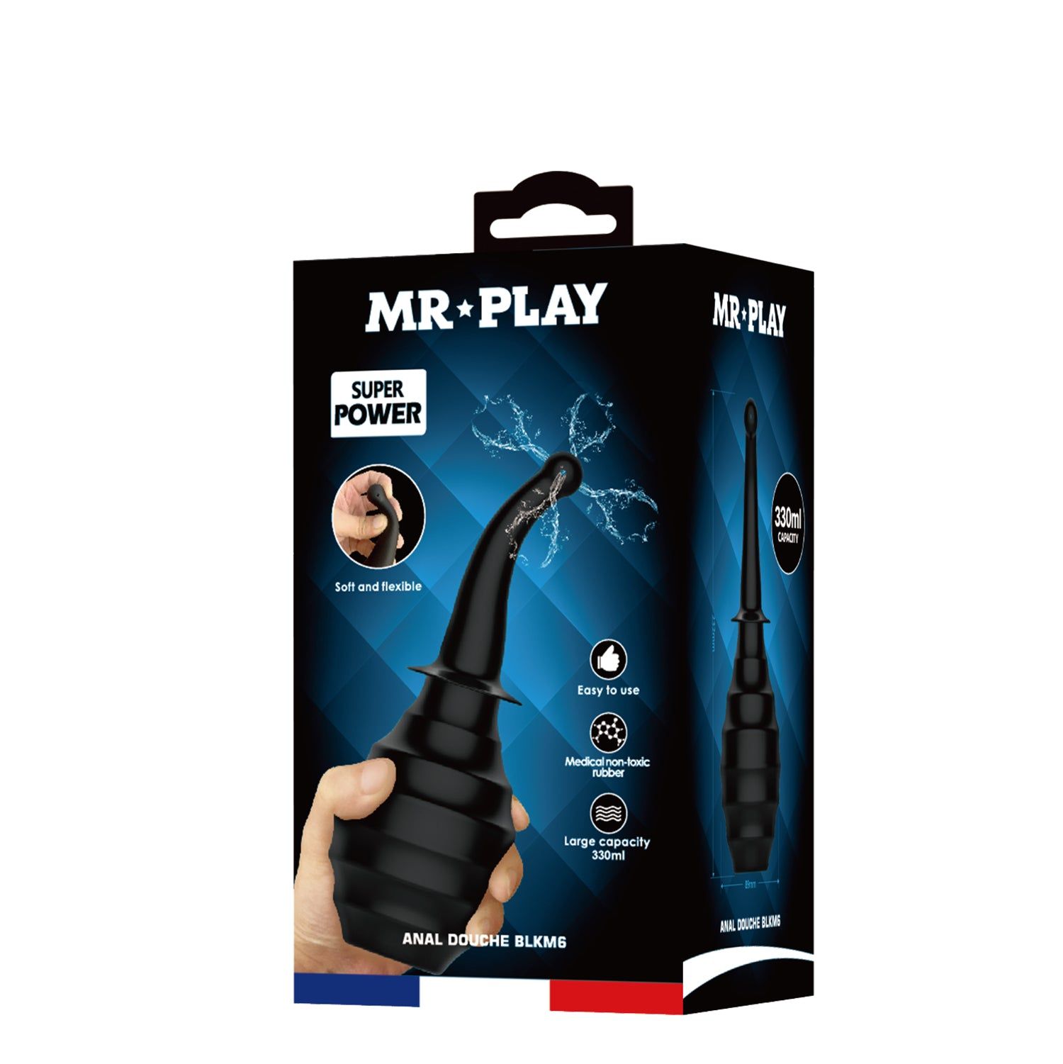 Verpackung mit Produkt und Text: MR+PLAY, SUPER POWER, ANAL DOUCHE BLKMS. Abbildungen des Produkts.