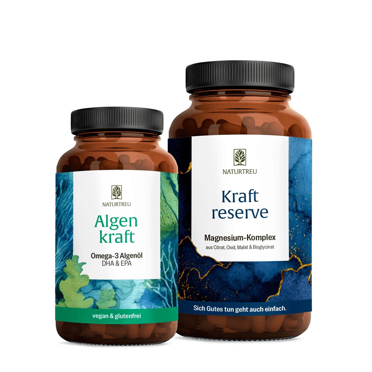 Zwei NATURTREU Flaschen: Algen Kraft (Omega-3) und Kraft Reserve (Magnesium-Komplex).