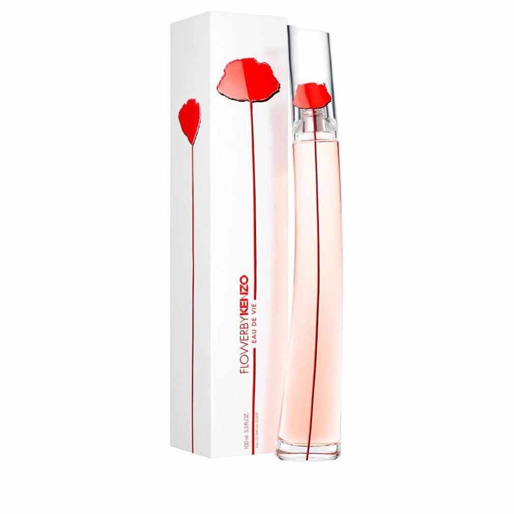 Parfümflasche und Verpackung. Weißes Rechteck mit roter Blume. Flasche mit rosa Flüssigkeit. Schriftzug: FLOWERBYKENZO Eau de Vie.