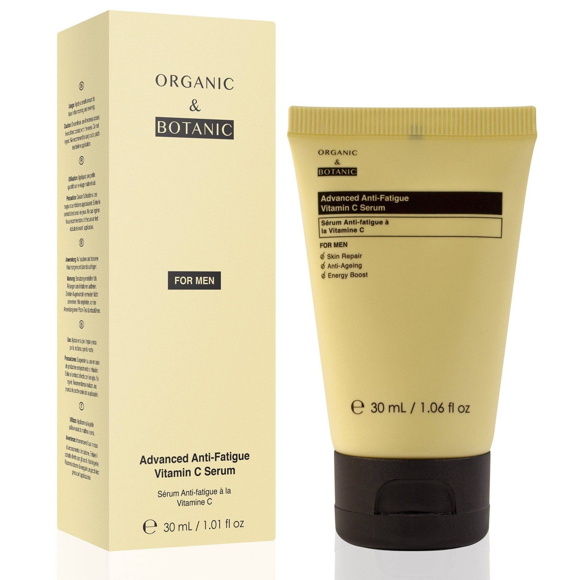 Gelbe Tube und Karton. Beschriftung: Advanced Anti-Fatigue Vitamin C Serum. Volumen: 30 ml. Marke: Organic & Botanic.