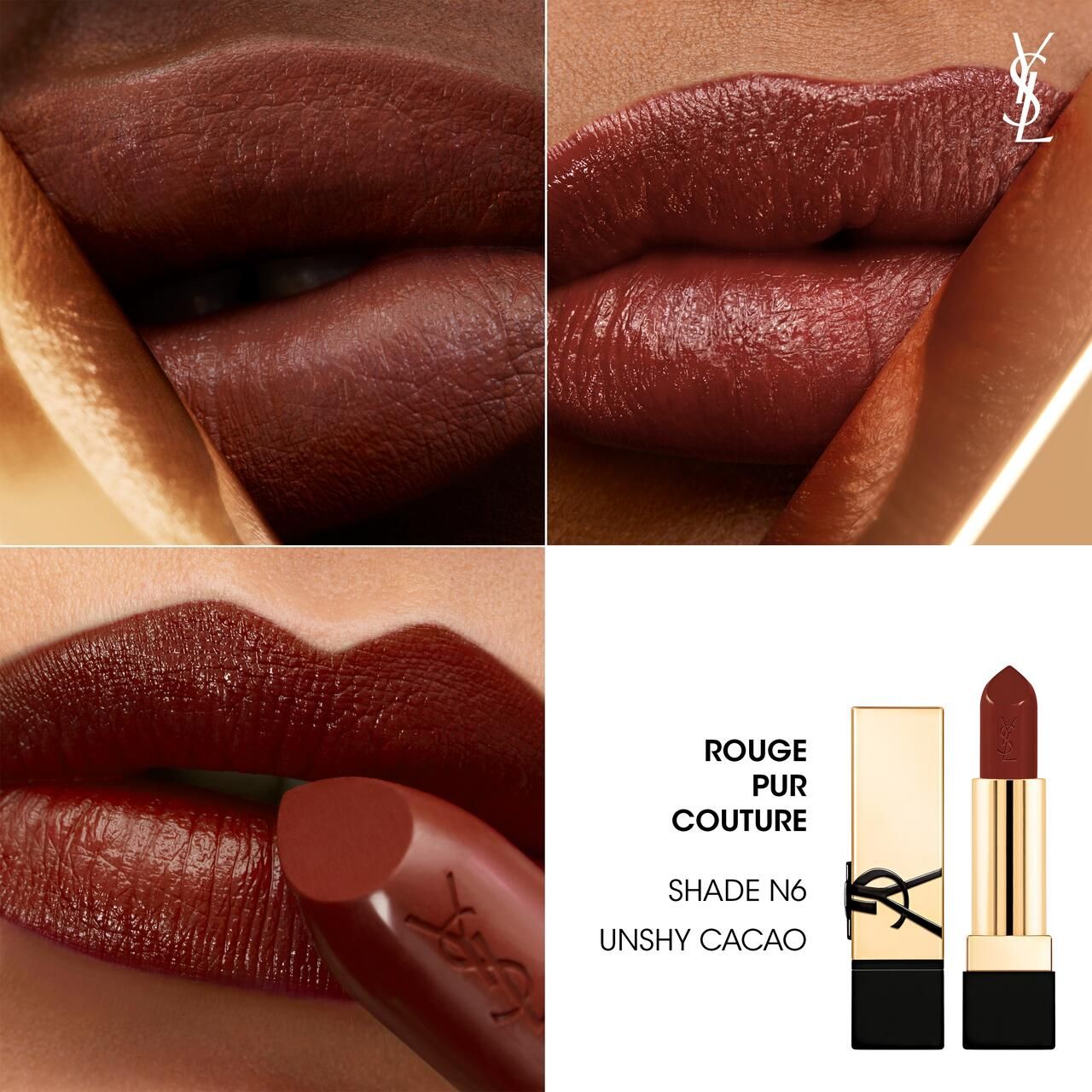Collage: Lippen in verschiedenen Brauntönen. Produktabbildung mit Text: Rouge Pur Couture, Shade N6 Unshy Cacao.