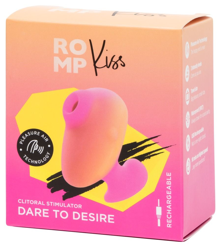 Verpackung von ROMP Kiss Pink Lemonade. Rosa-gelbes Produkt, Text: CLITORAL STIMULATOR, DARE TO DESIRE, RECHARGEABLE.