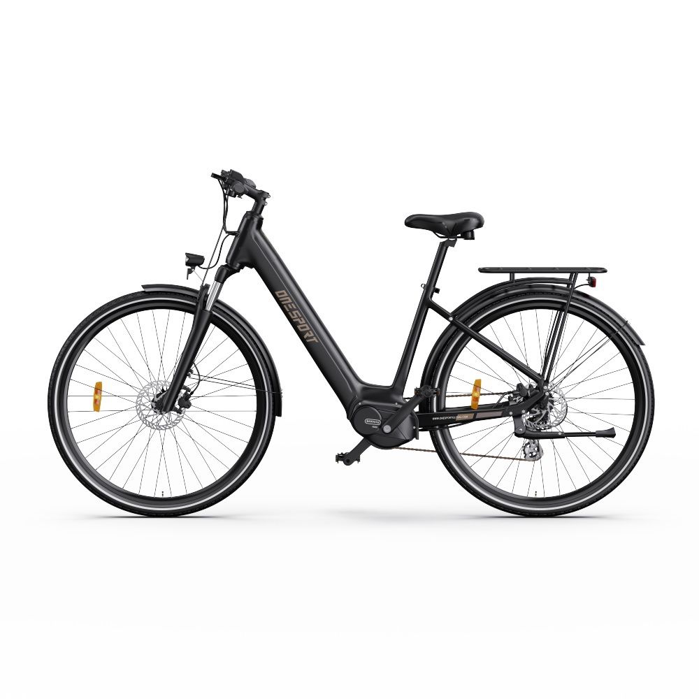Schwarzes E-Bike mit zentralem Motor. Räder, Sattel, Gepäckträger und Lenker sind sichtbar. "ONESPORT" ist auf dem Rahmen.