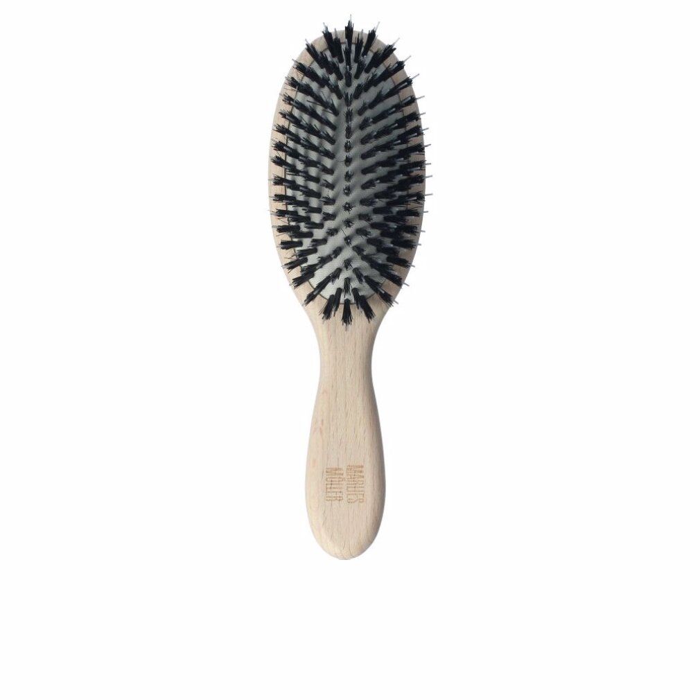 Haarbürste mit ovalem Bürstenkopf und Holzgriff. Schwarze Borsten. Griff mit Markenlogo.