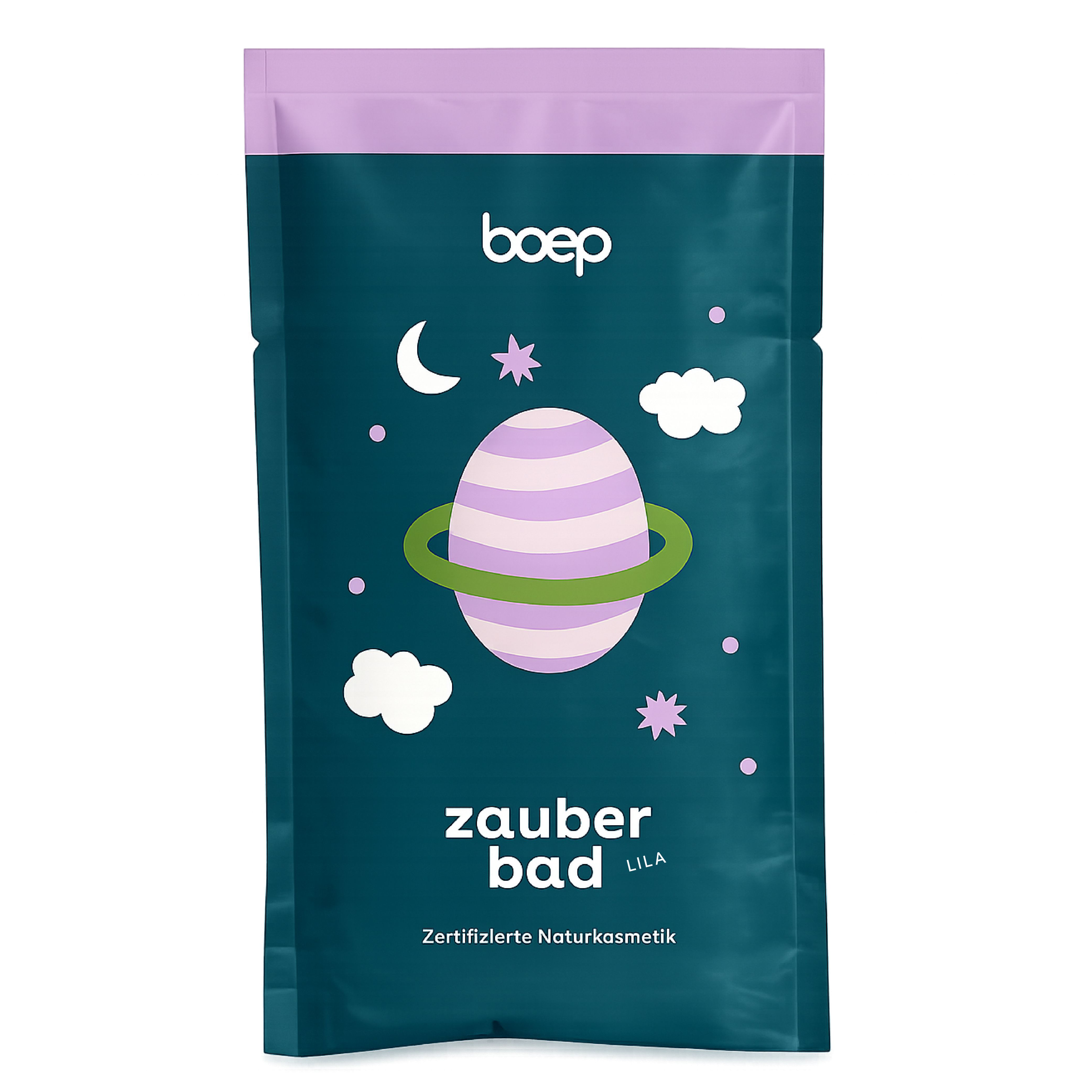 Verpackung mit Produktnamen und Logo. Abbildung eines Planeten. Text: Zauberbad Lila. Zertifizierte Naturkosmetik.