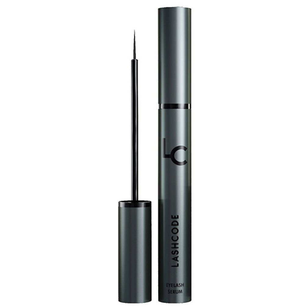 Lashcode Wimpernserum Fläschchen mit Applikator und geöffnetem Deckel.