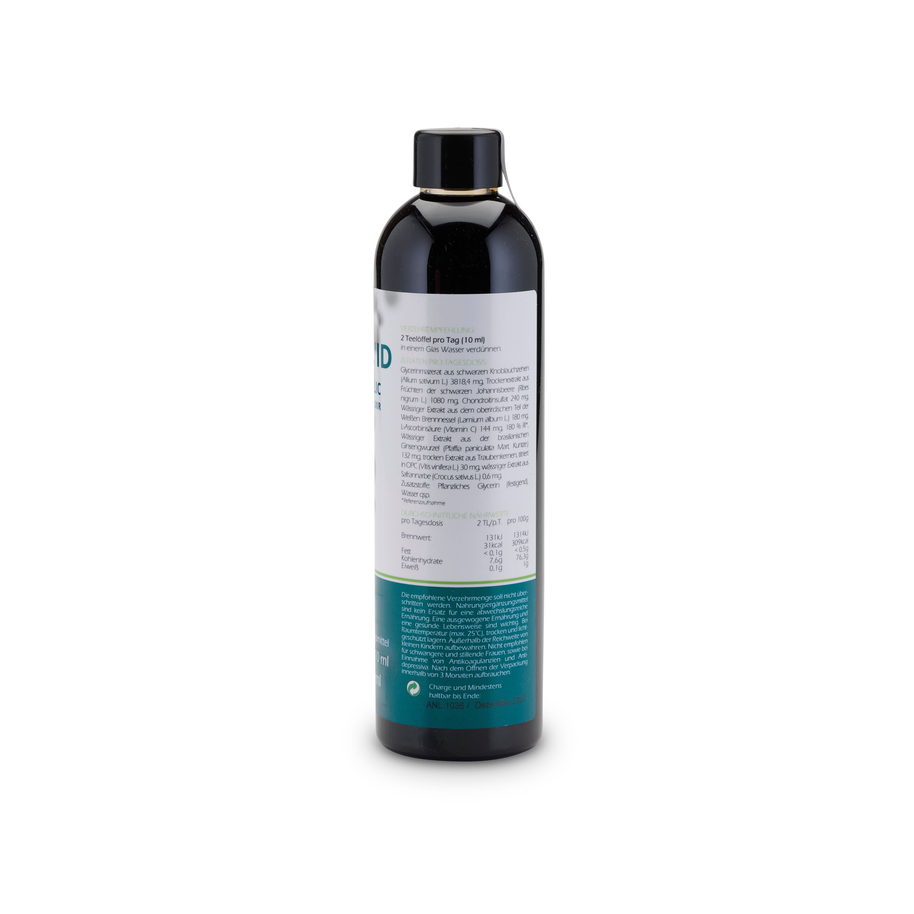 Rückseite einer Flasche mit Elixier. Text mit Inhaltsstoffen und Nährwerten. Schwarzer Deckel.