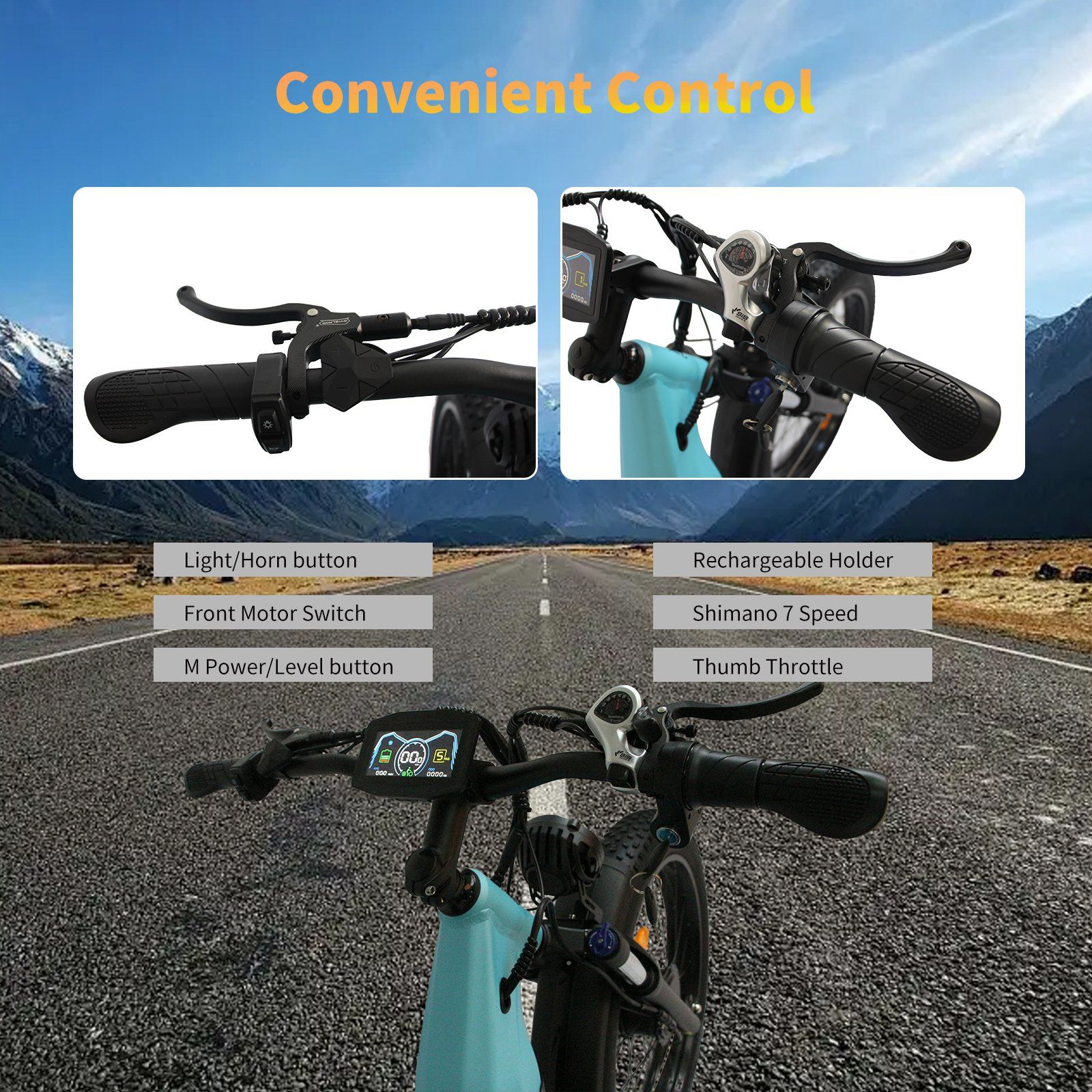 Nahaufnahme des Lenkers eines Elektrofahrrads. Knöpfe und ein Display sind sichtbar. Beschriftung: 'Convenient Control'.