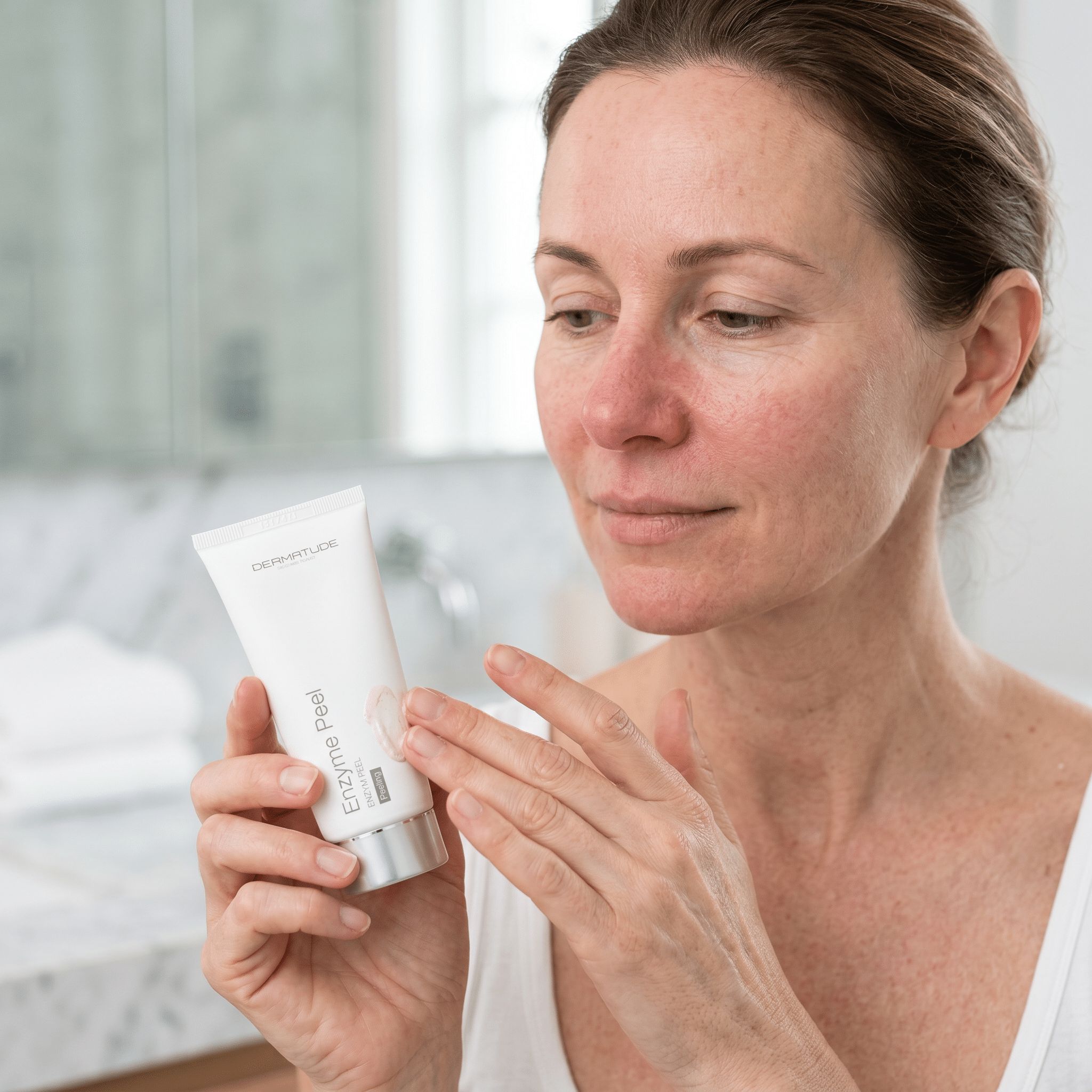 Frau hält eine Tube 'Enzyme Peel' in der Hand.