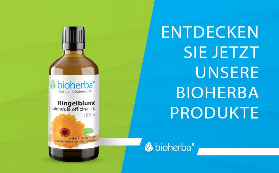 Braune Glasflasche mit schwarzem Deckel. Text: Entdecken Sie jetzt unsere Bioherba Produkte. Logo Bioherba.