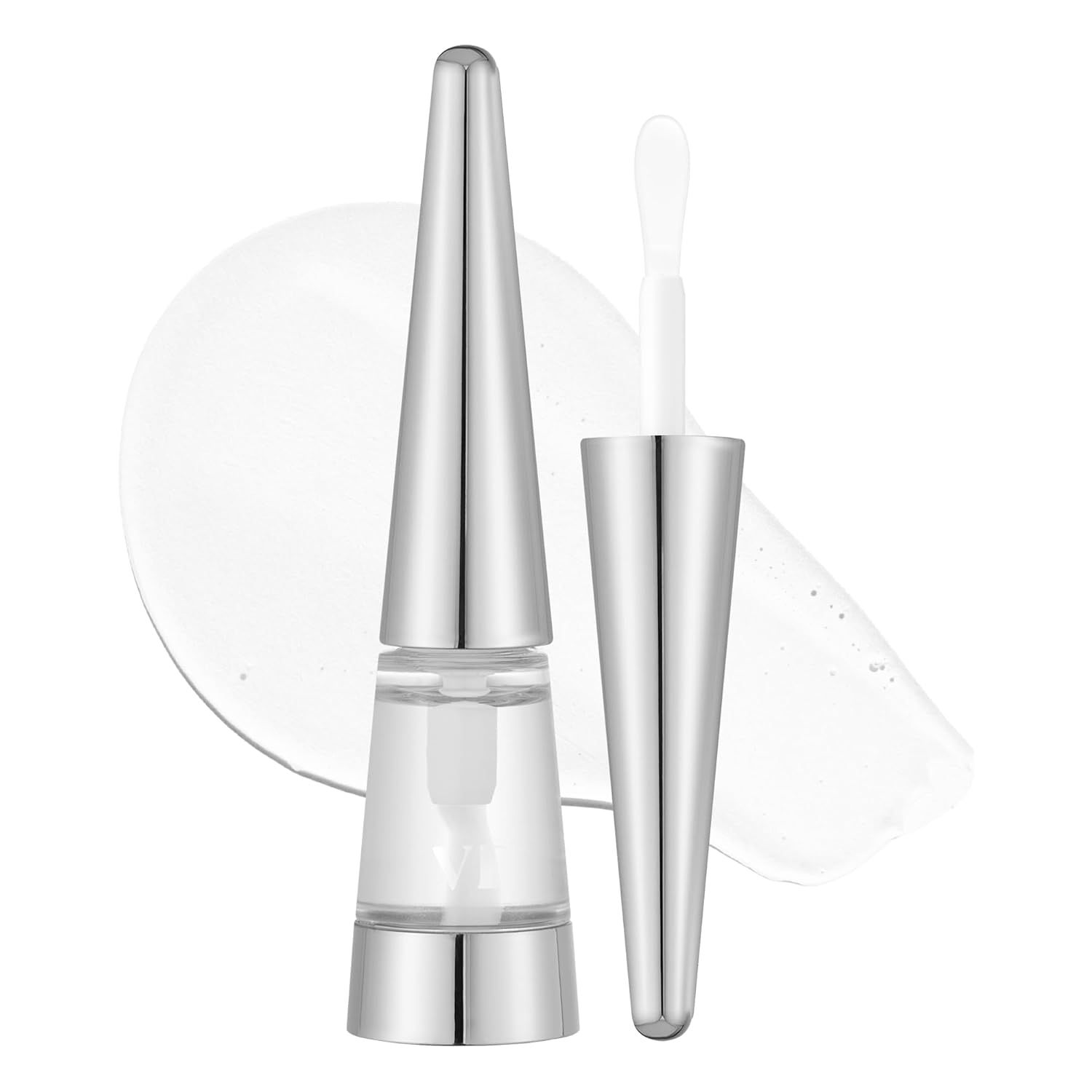 Ein Lippen-Plumper-Flakon mit Applikator. Silberfarbener Deckel, transparenter Behälter. Produkt und Applikator.