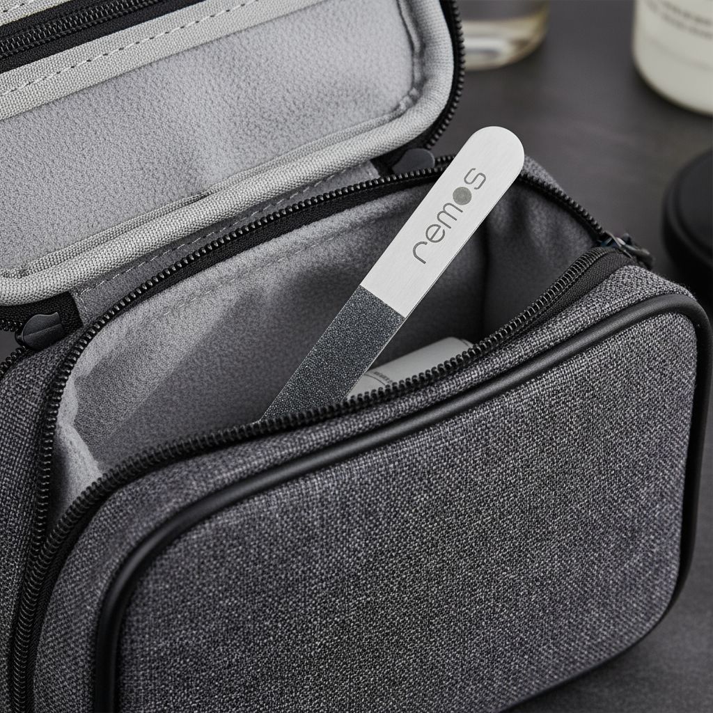 Edelstahl-Nagelfeile mit Diamant-Keramik-Beschichtung in einer Kulturtasche.