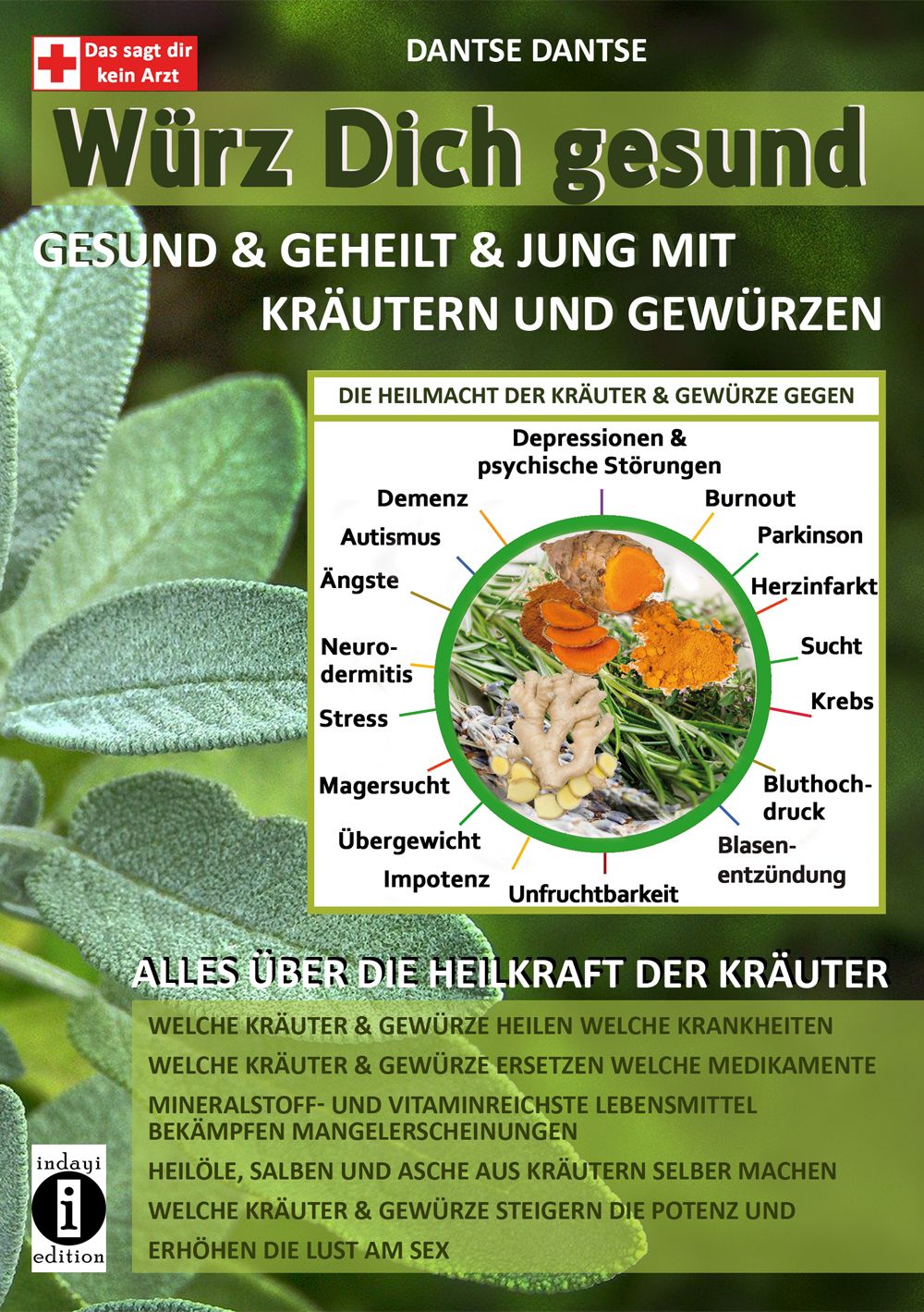 Buchcover: "Würz Dich gesund". Titel in Großbuchstaben. Illustration von Kräutern und Gewürzen. Text über Heilkraft der Kräuter.
