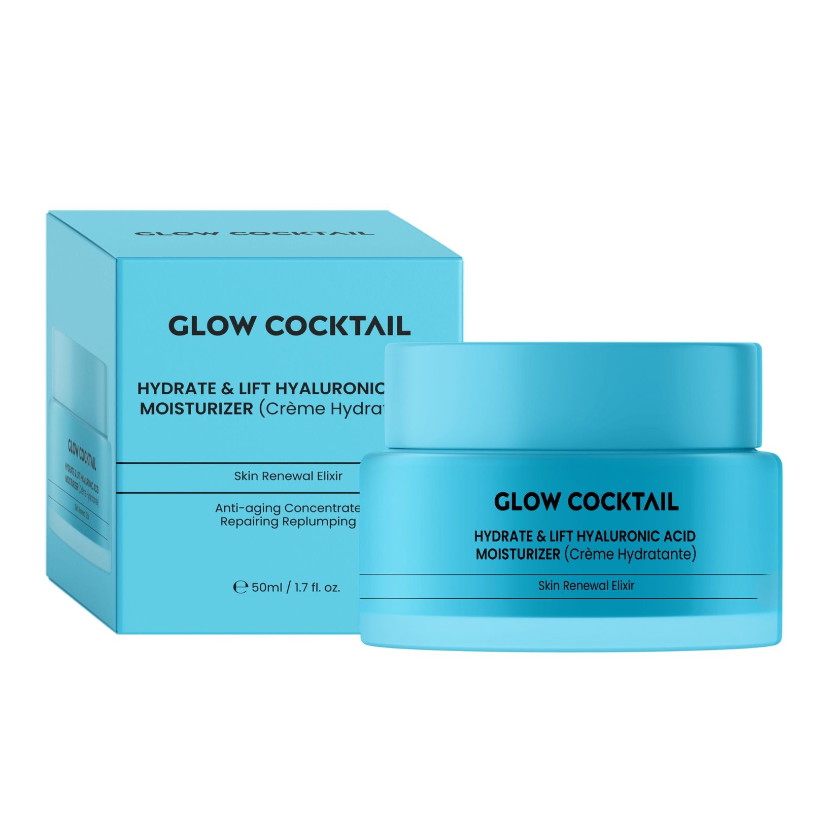 Hellblaue Creme-Dose und -Verpackung. Aufschrift: Glow Cocktail, Hydrate & Lift Hyaluronic Moisturizer. 50ml/1.7oz.