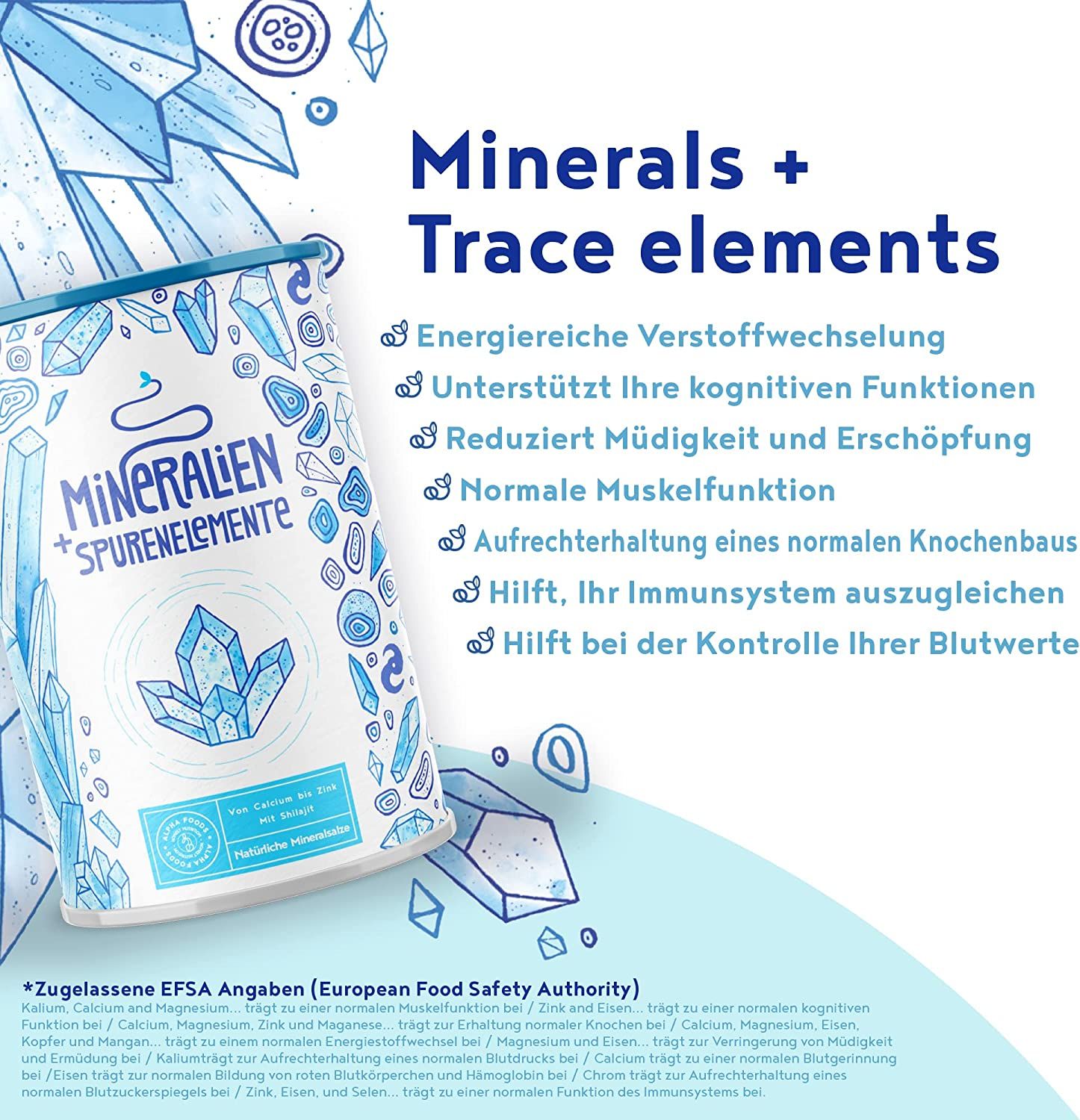 Text auf blauem Hintergrund: Minerals + Trace elements. Auflistung von Vorteilen. Produktgebinde mit Aufschrift: Mineralien + Spurenelemente.