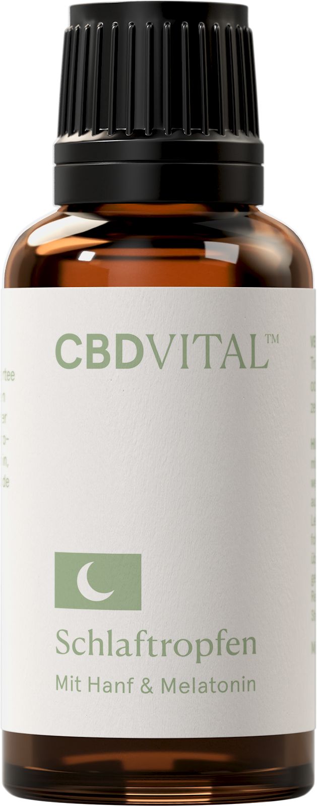Braune Glasflasche mit Tropfer und weißem Etikett. Aufschrift: CBDVITAL Schlaftropfen Mit Hanf & Melatonin.