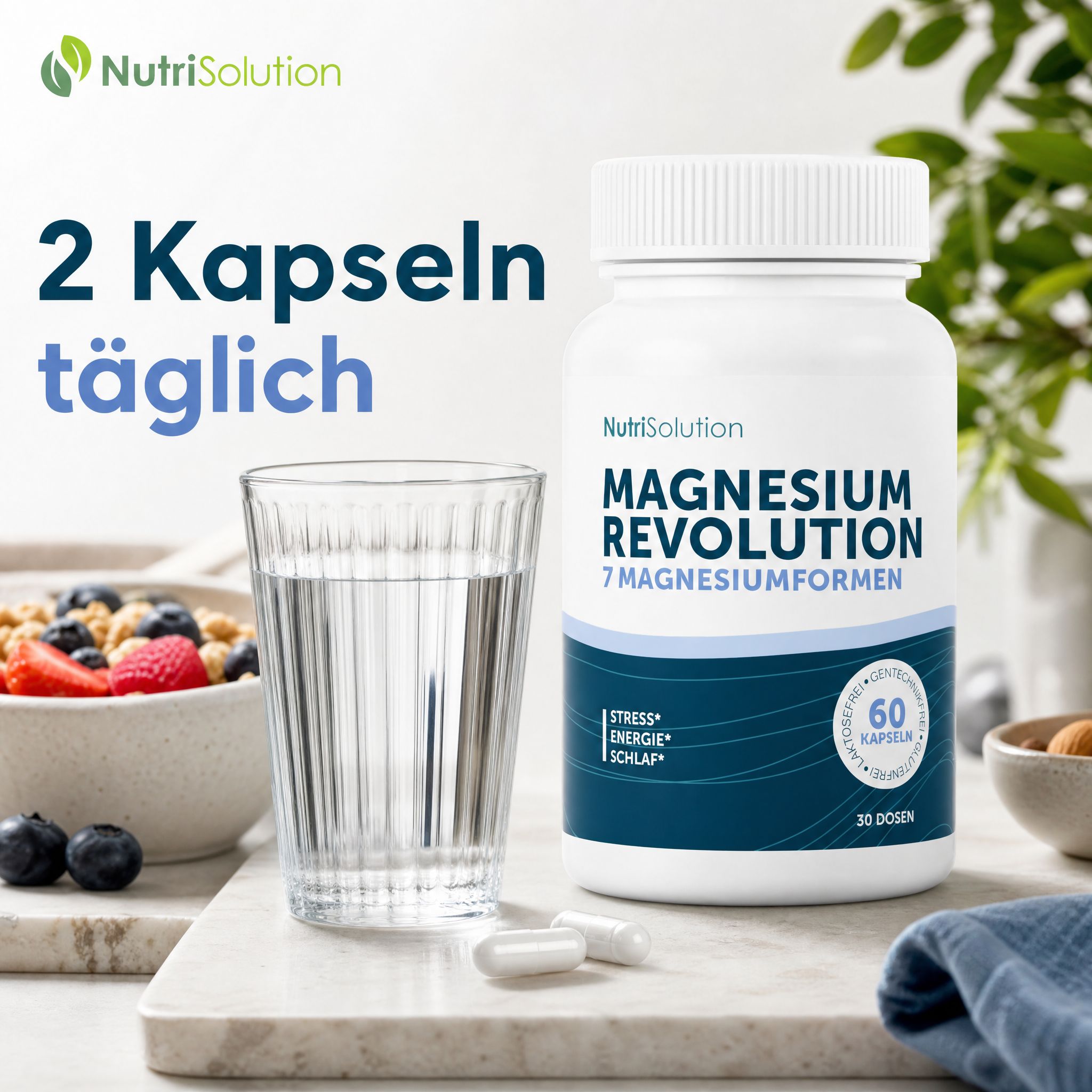 NutriSolution Magnesium Revolution Flasche mit 60 Kapseln, daneben ein Glas Wasser und zwei Kapseln.