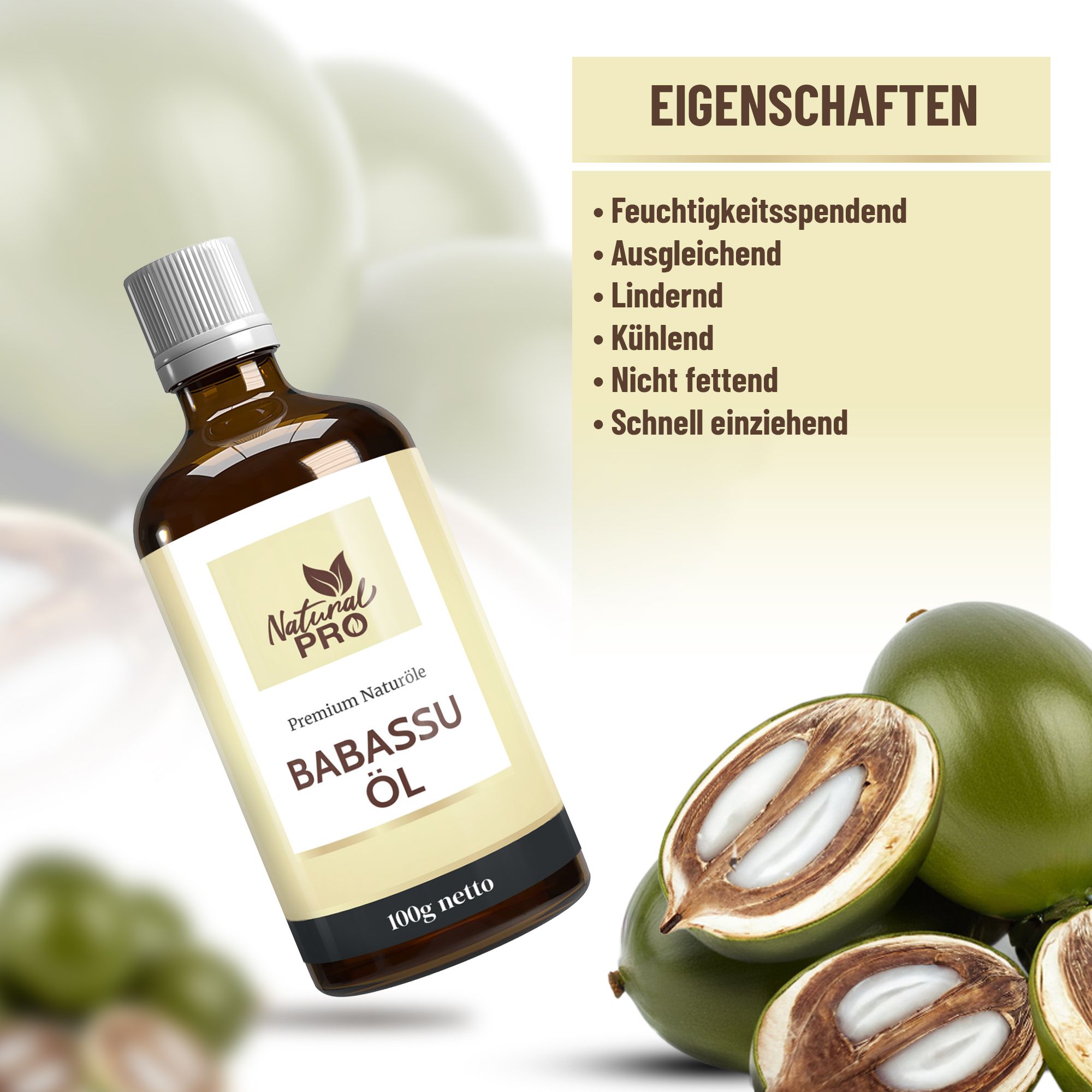 Braune Glasflasche mit weißem Deckel und Etikett. Aufschrift: Babassu Öl. Daneben Babassu-Früchte und Eigenschaften-Liste.
