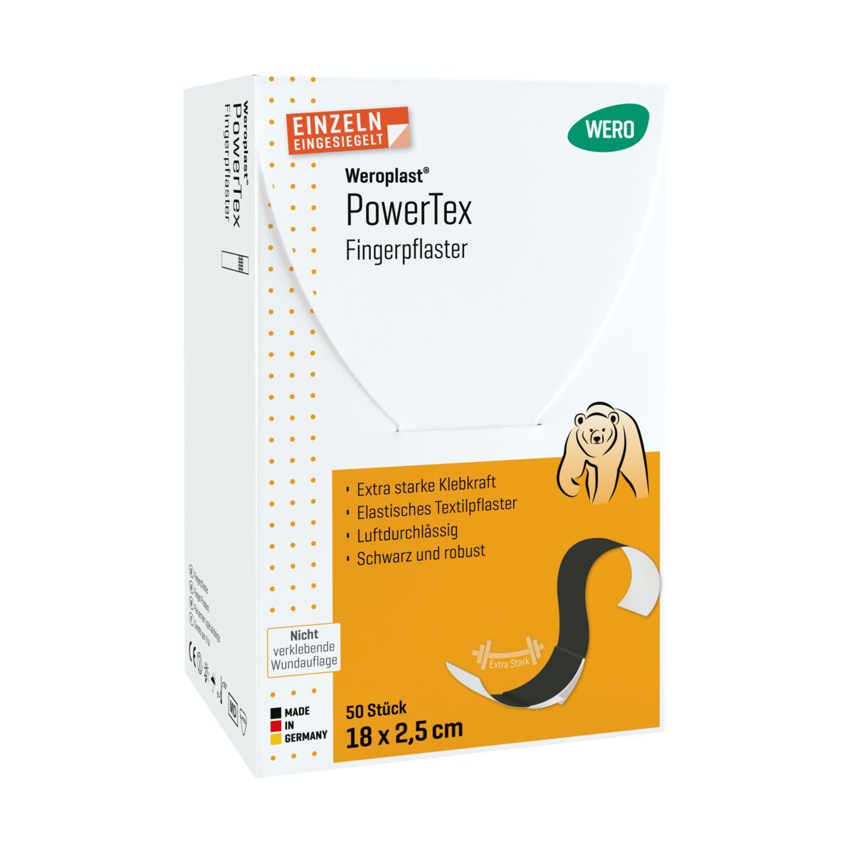 WERO PowerTex Fingerpflaster Packung, 50 Stück, 18 x 2,5 cm. Schwarz, elastisch, luftdurchlässig.