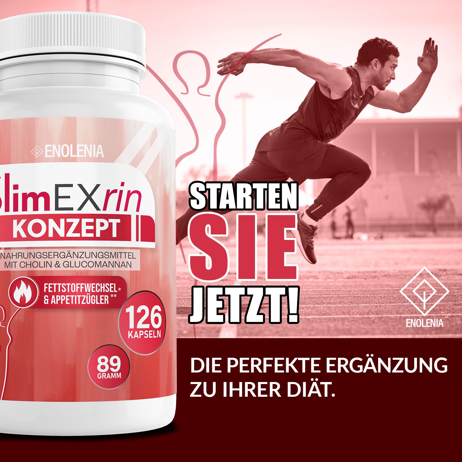 Weiße Flasche mit rotem Etikett und einem Läufer im Hintergrund. Text: Starten Sie jetzt! Die perfekte Ergänzung.