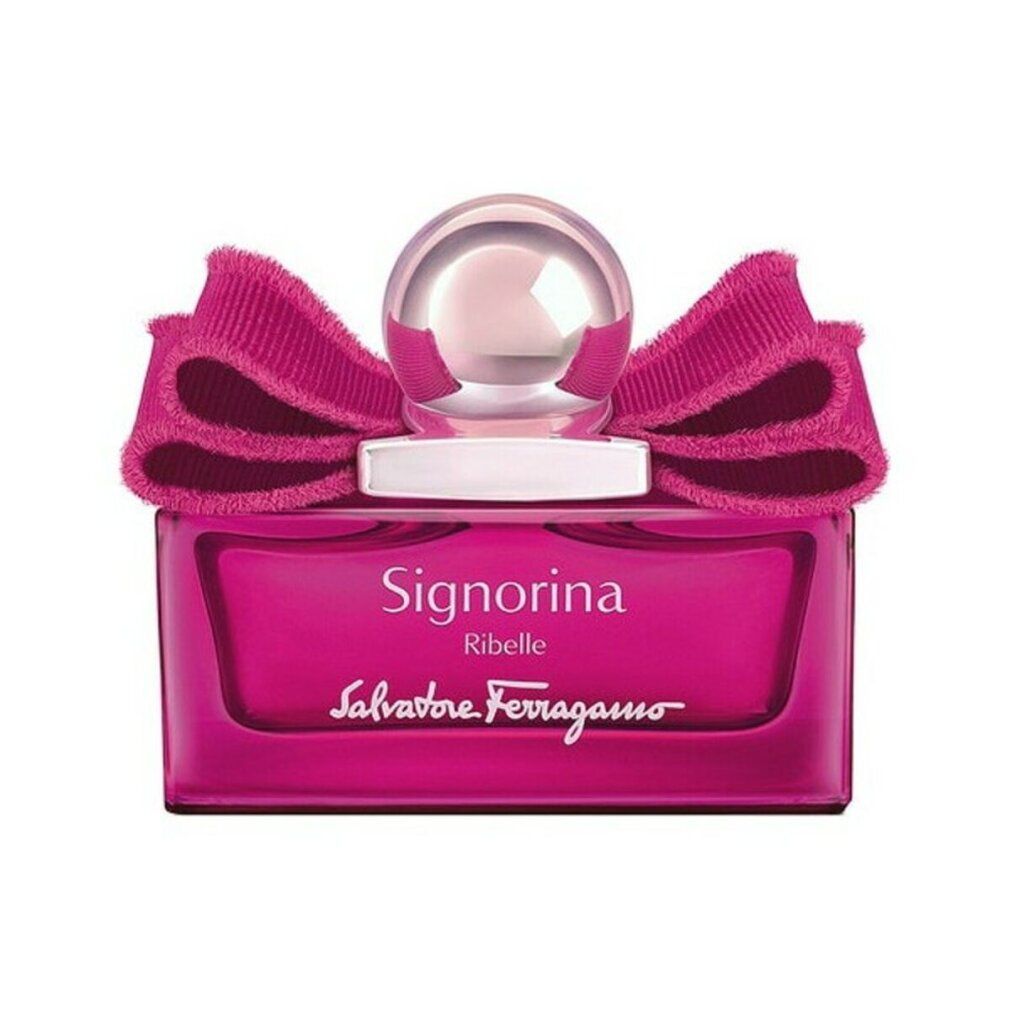Salvatore Ferragamo Signorina Ribelle Eau de Parfum in einem rechteckigen, pinken Flakon mit Schleifen-Applikation und kugelförmigem Verschluss.