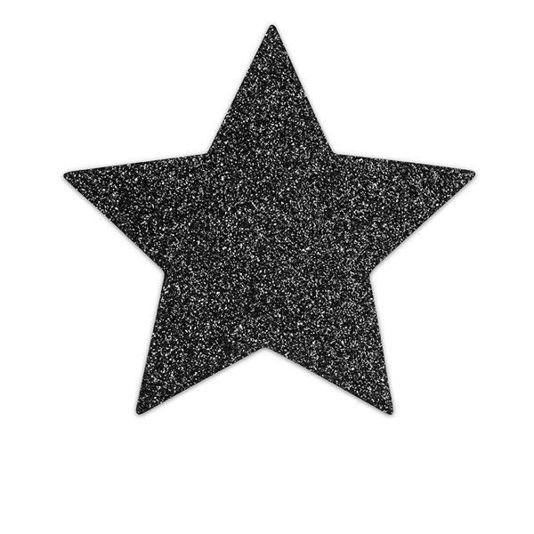 Schwarzer Stern-Nippel-Cover. Glitzernd, sternförmig. Auf weißem Hintergrund.