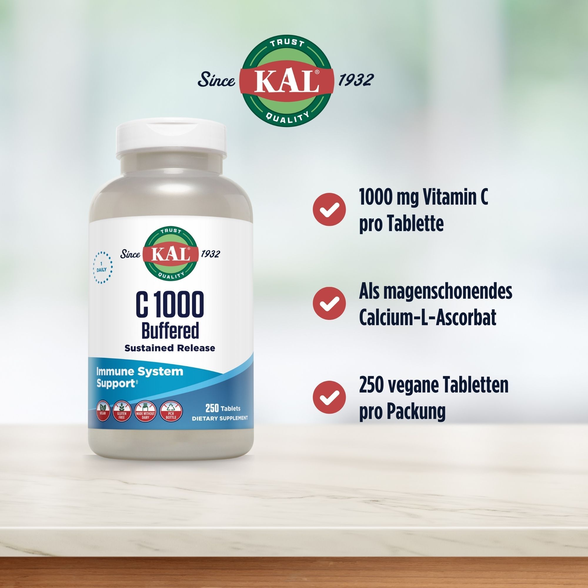 Eine Flasche KAL C 1000 gepuffert. Aufschrift: 1000 mg Vitamin C pro Tablette, Calcium-L-Ascorbat, 250 Tabletten.