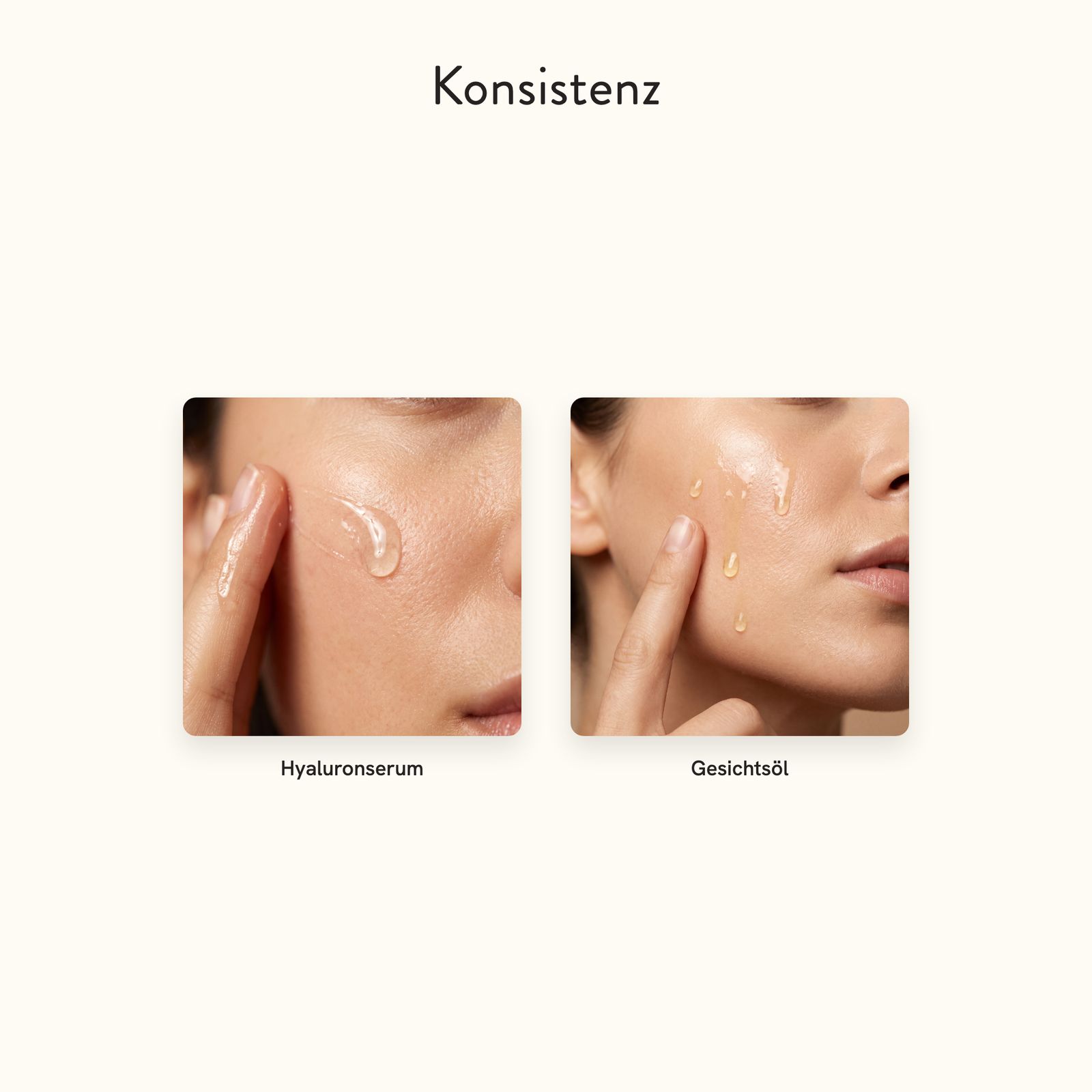 Zwei Hautpflegeprodukte: Hyaluronserum und Gesichtsöl, aufgetragen auf die Haut.