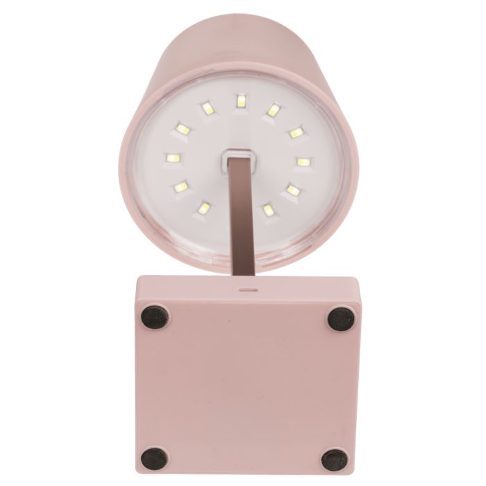 Tischlampe mit LED, rosa, von unten gesehen. Quadratischer Fuß, LED-Leuchten sichtbar.