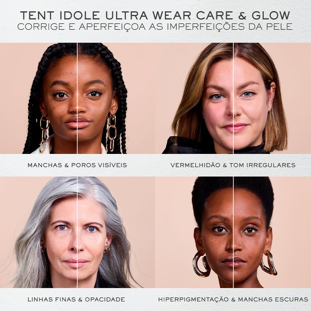 Gesichter. Text: Tent Idole Ultra Wear Care & Glow. Korrigiert und verbessert Hautunreinheiten. Verschiedene Hautprobleme.