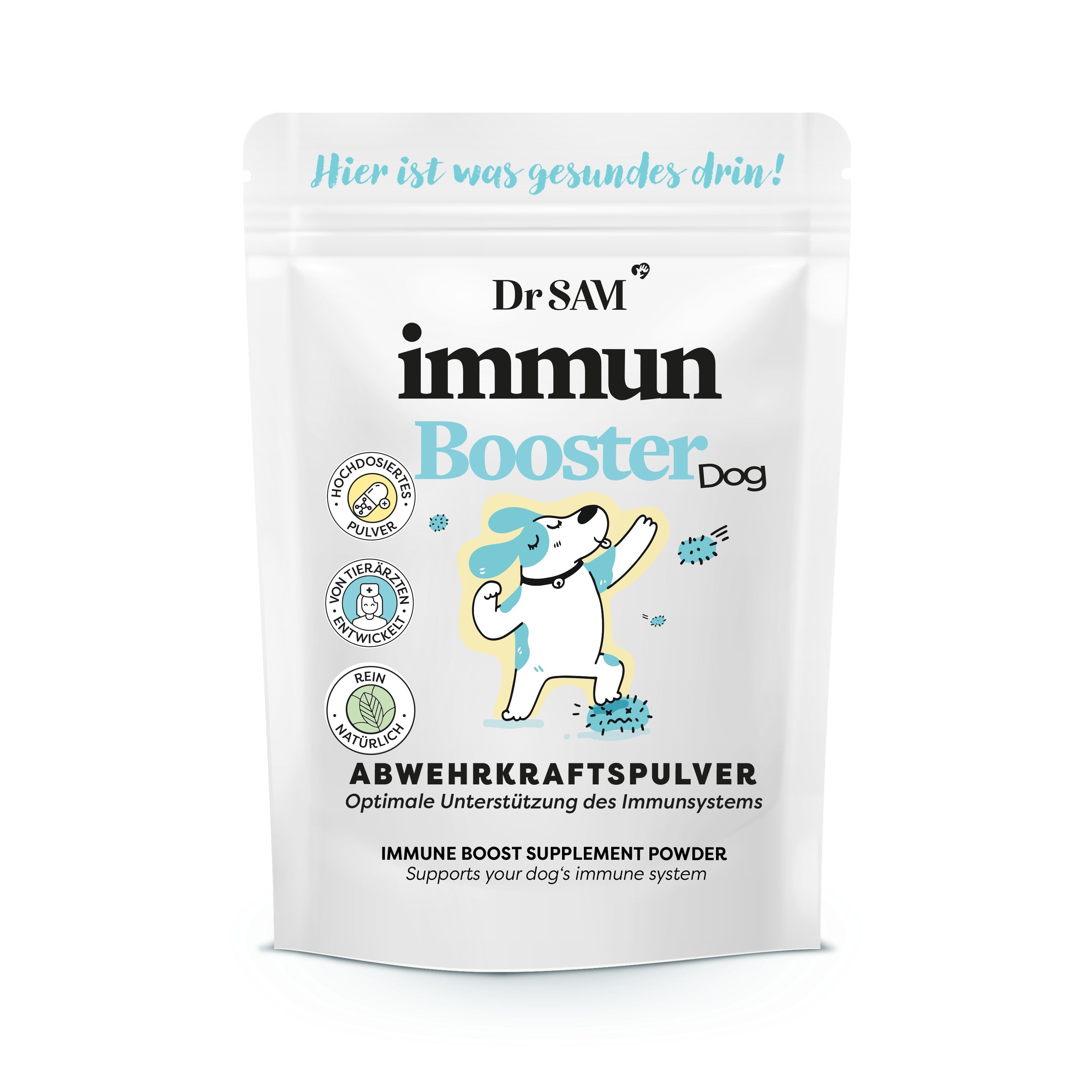 Beutel mit Dr. SAM ImmunBooster Dog. Aufschrift: Immun Booster, Abwehrkraftspulver. Illustration eines Hundes.