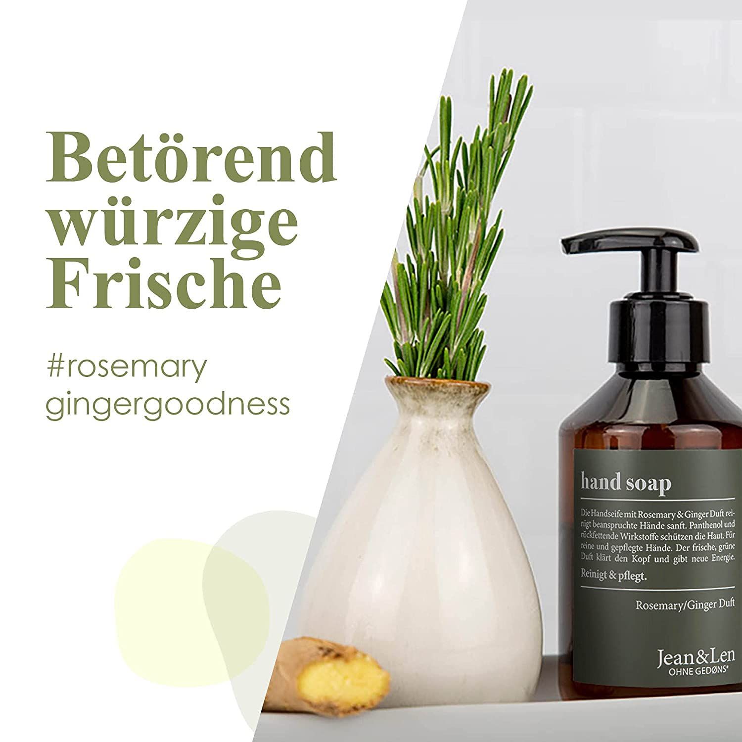 Handseife mit Rosmarin und Ingwer in Vase, daneben Flasche Handseife. Text: Betörend würzige Frische, #rosemary gingergoodness.