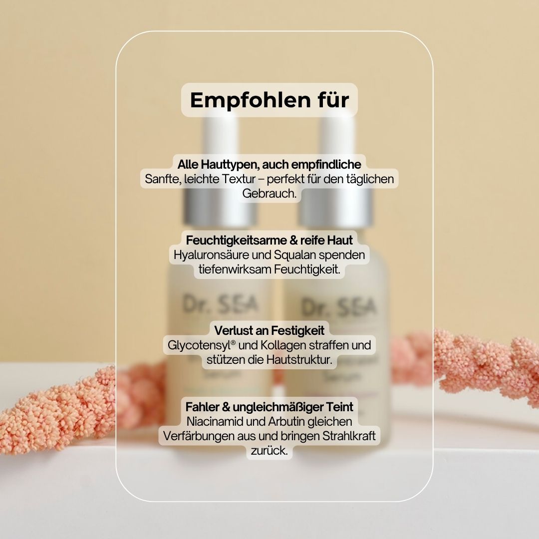 Zwei Serumflaschen mit Text. Text: Dr. SEA, Rejuvenating Brightening Serum, Arbutin & Niacinamide. Mit Infografik.