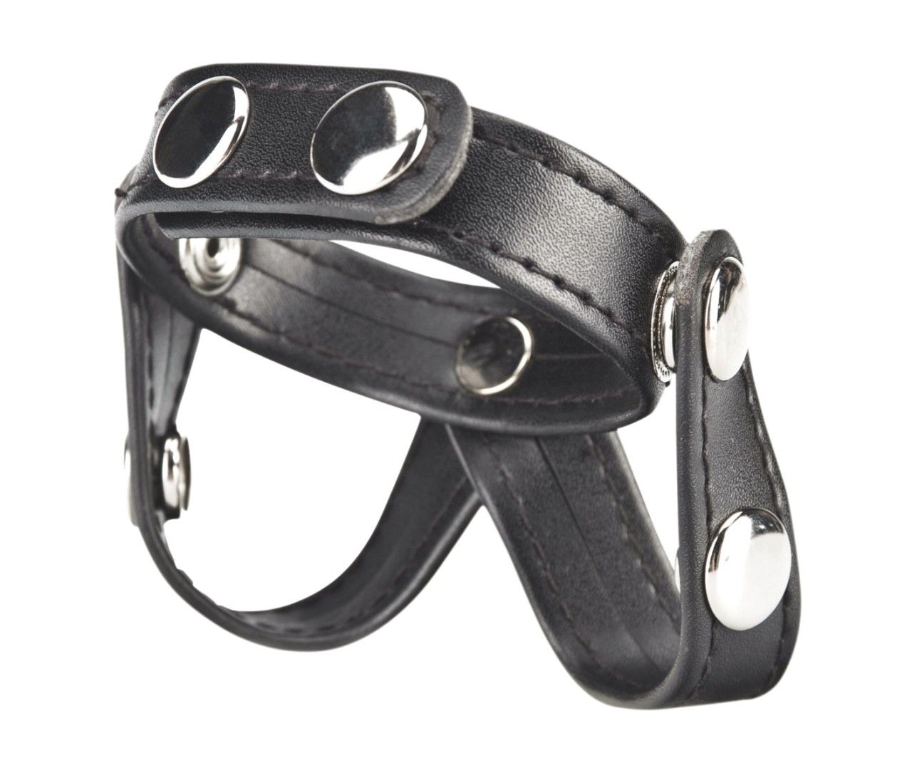 Schwarzer Penisring mit Hodentrenner. Lederoptik mit silberfarbenen Knöpfen. Geschwungene Form.