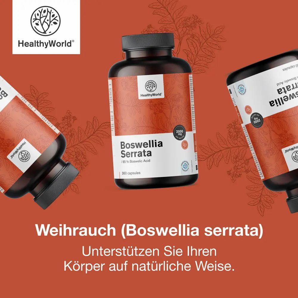 Nahaufnahme von Boswellia Harzstücken neben einer Dose HealthyWorld Boswellia Serrata Kapseln.